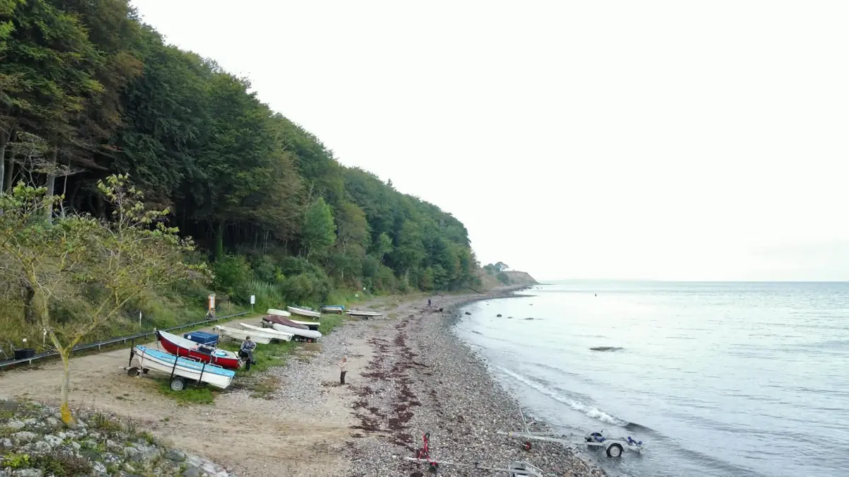 Bewaldete Steilküste am Eitz mit Booten am Strand